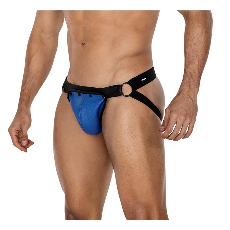 Cueca jockstrap azul e preta com tiras elásticas e argolas metálicas