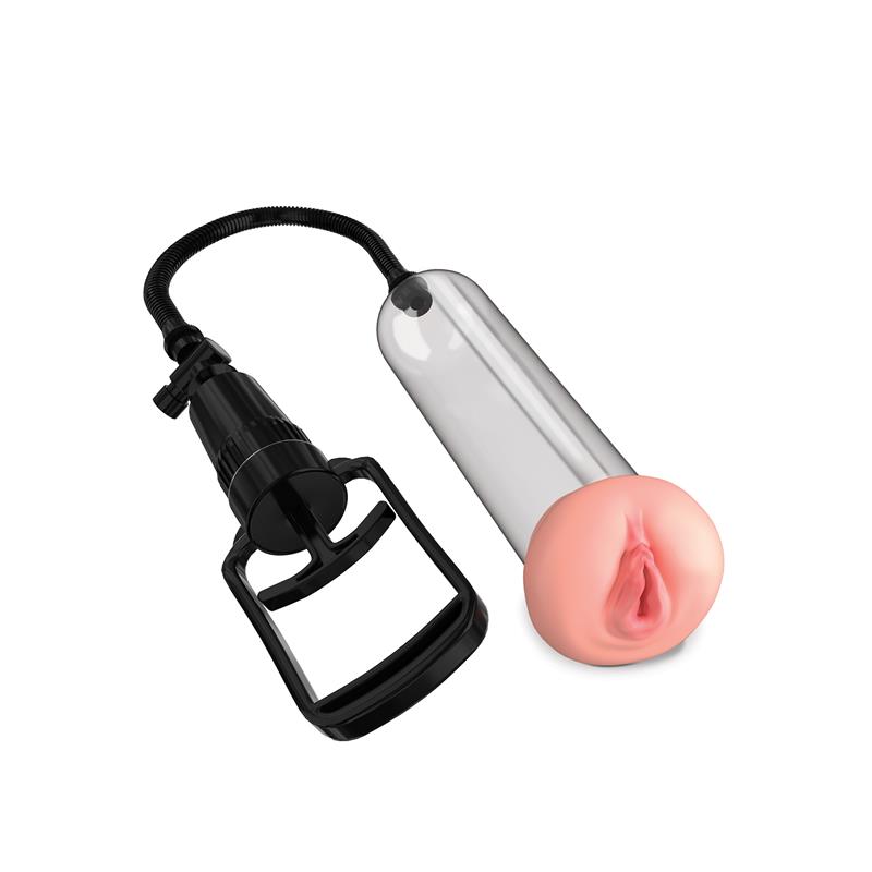 Bomba de aumento com tubo transparente, extremidade em silicone cor pele e bomba manual preta
