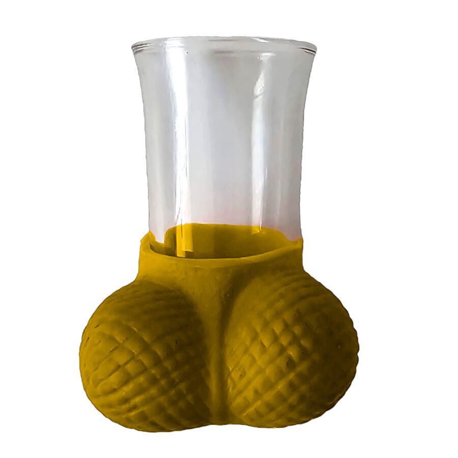 Copo de vidro com suporte amarelo em silicone texturizado