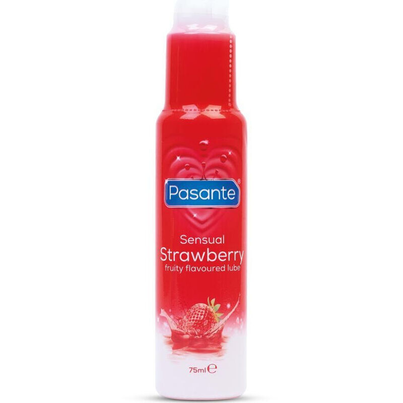 Frasco vermelho e branco de lubrificante Pasante com aroma de morango