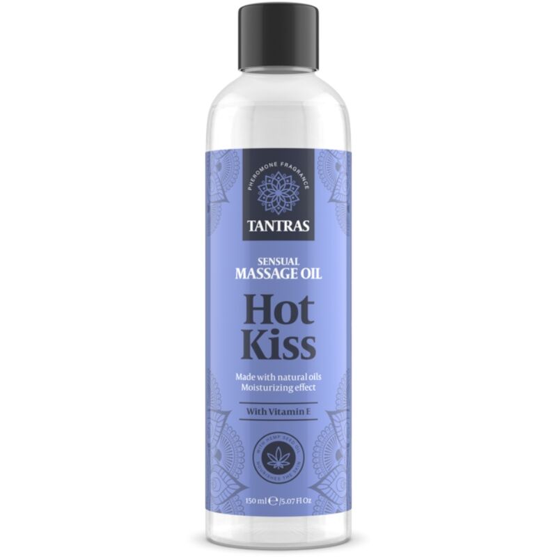 Frasco de óleo de massagem Hot Kiss da Tantras com rótulo azul.