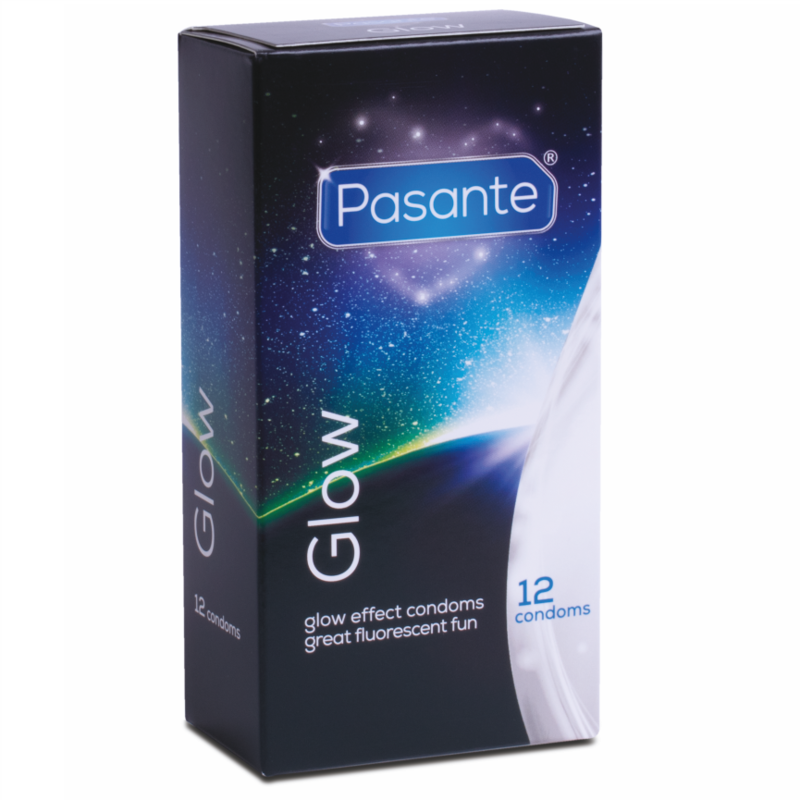 Embalagem azul e preta de preservativos Pasante Glow com 12 unidades