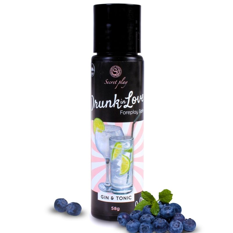 Frasco preto de Drunk in Love Foreplay Balm com aroma Gin & Tonic e mirtilos frescos