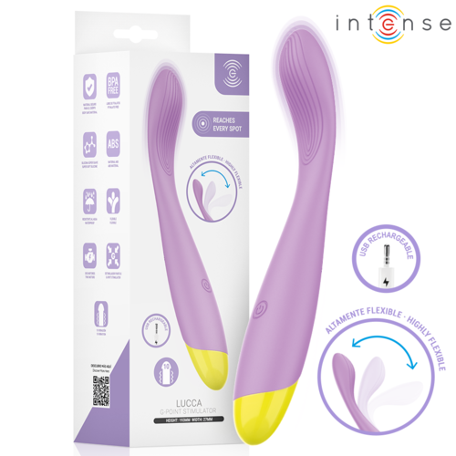 Vibrador lilás e amarelo com embalagem e texto promocional