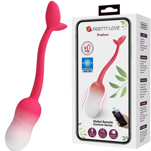 Vibrador rosa e branco ao lado da sua embalagem branca com texto e imagens a ilustrar controlo remoto por smartphone