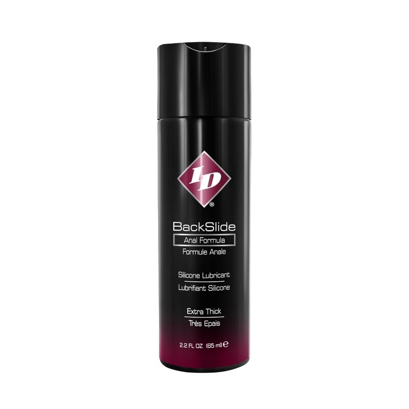 Frasco preto de lubrificante anal ID BackSlide com texto branco e detalhes em rosa
