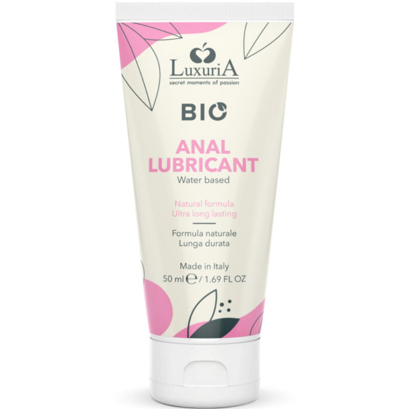 Frasco de lubrificante anal LuxuriA Bio 50 ml com design rosa e preto