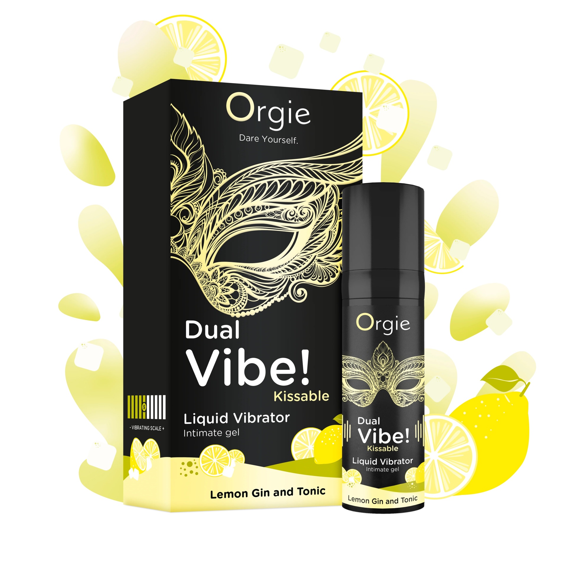 Gel íntimo líquido Orgie Dual Vibe! com embalagem preta e padrão de máscara dourada