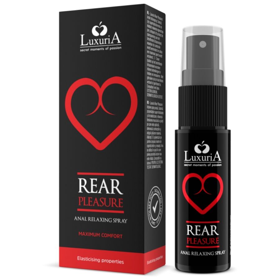 Embalagem e frasco de spray anal relaxante preto com vermelho Luxuria
