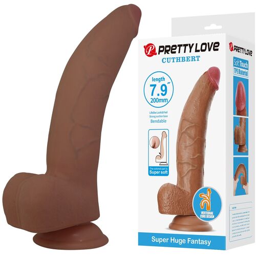 Dildo marrom e embalagem com texto PRETTY LOVE CUTHBERT length 7.9 200mm