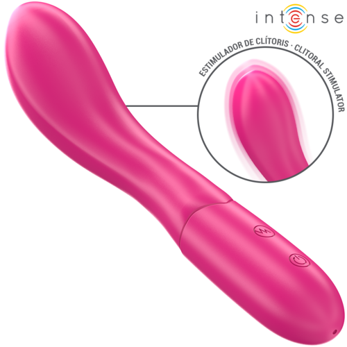 Vibrador rosa em plástico com formato curvo e botão de ligar