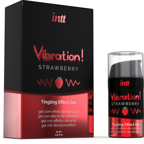 Gel Vibration! Strawberry embalagem preta e vermelha com doseador transparente.