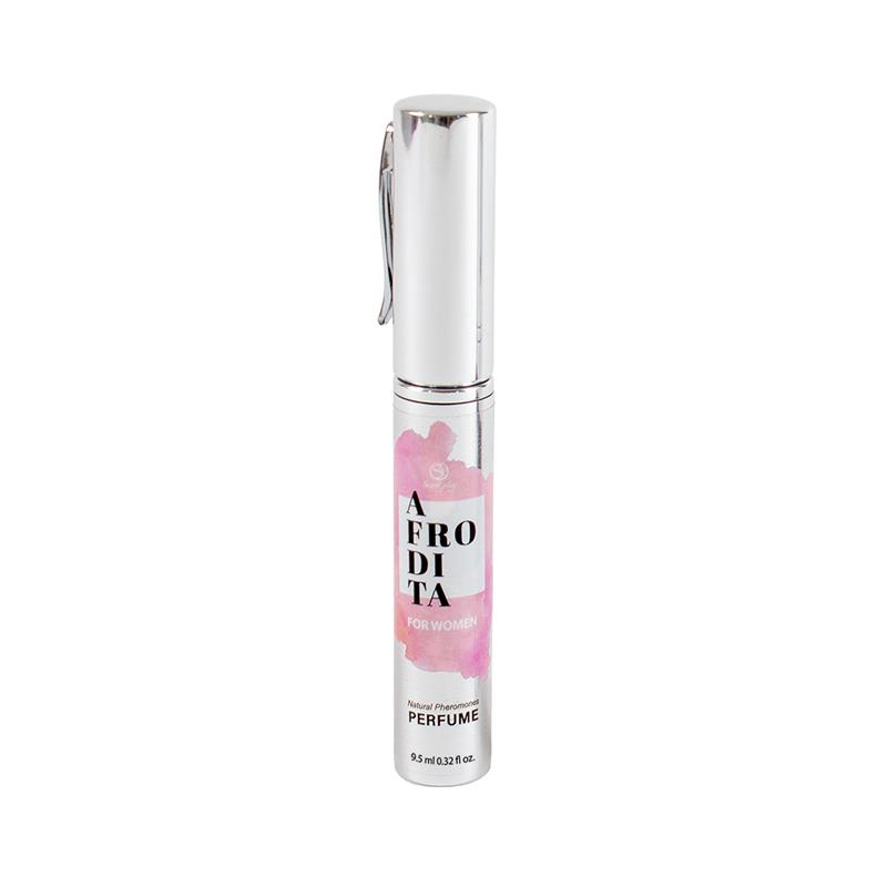 Frasco de perfume prateado com tampa e clip e detalhes em cor-de-rosa e texto preto e rosa