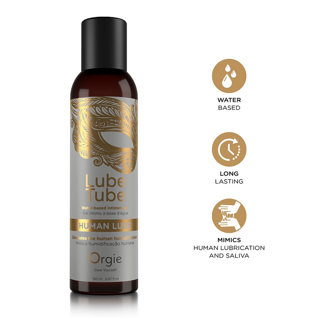 Frasco de gel íntimo Lube Tube com rótulo cinzento e dourado e ícones explicativos