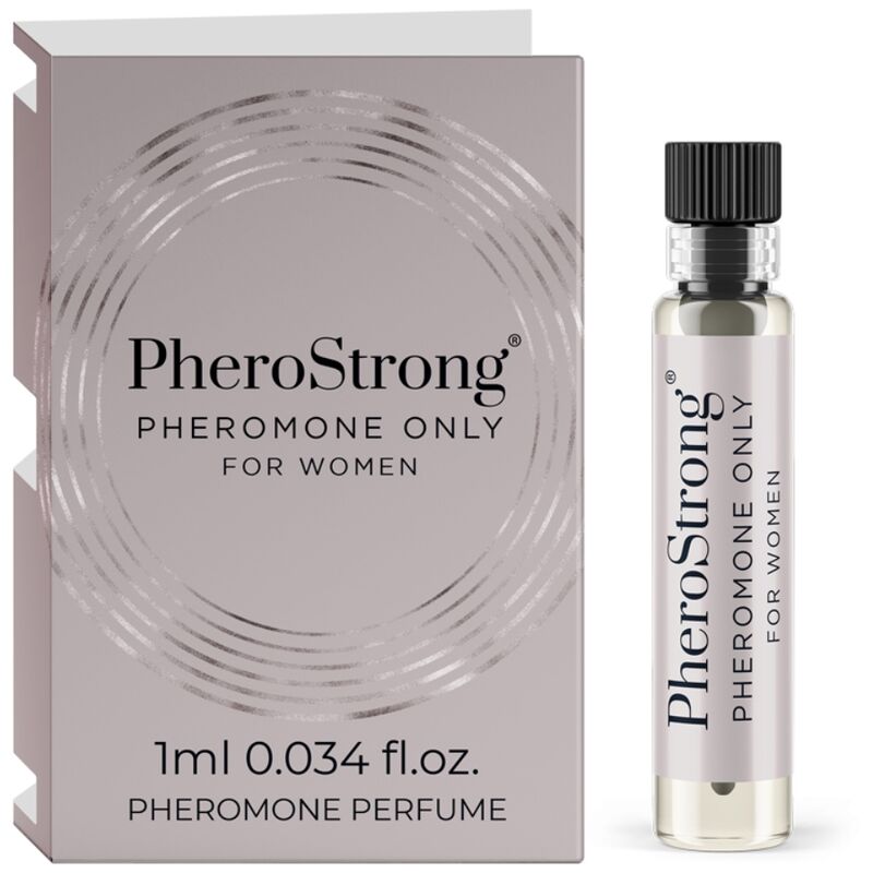 Perfume PheroStrong para mulheres com caixa cinza e vidro transparente.