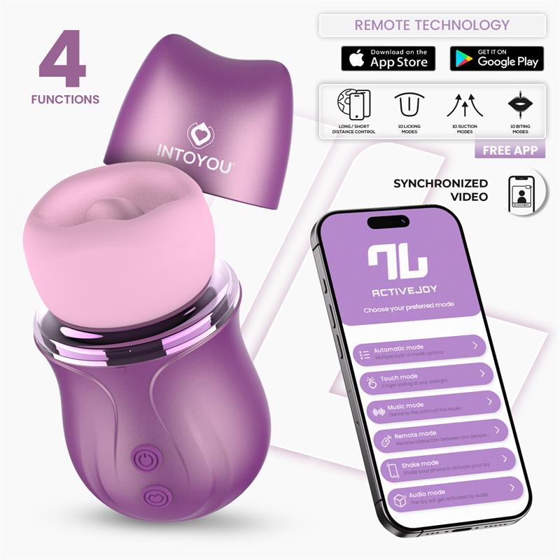 Produto íntimo roxo INTOYOU com aplicação ACTIVEJOY num smartphone ao lado