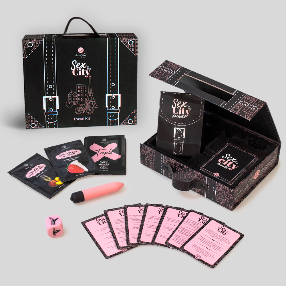 Kit de viagem Sex in the City com embalagem preta, cartas rosa e acessórios eróticos
