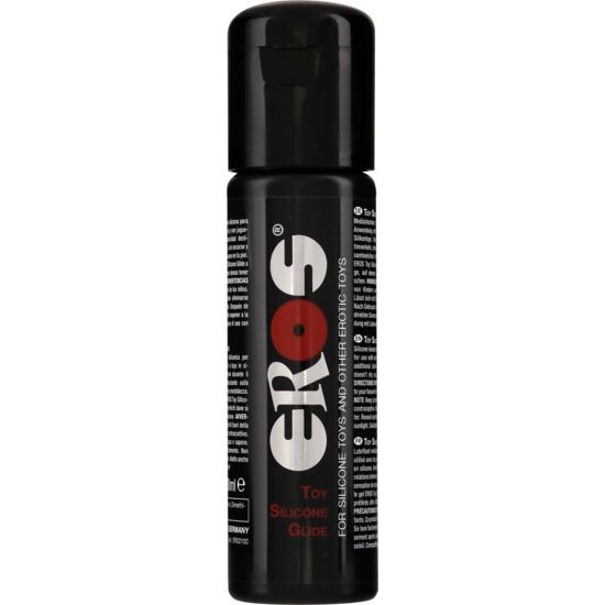 Frasco preto de lubrificante de silicone EROS com texto em branco e vermelho