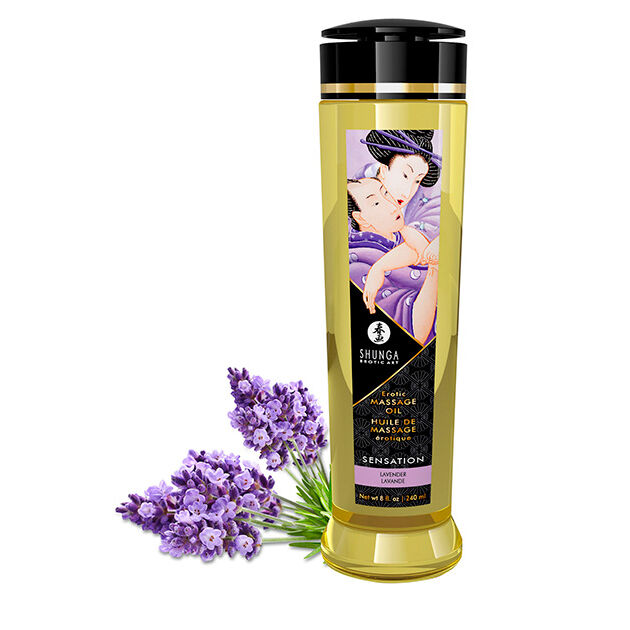 Frasco de óleo de massagem erótico SHUNGA com rótulo ilustrado e flores de lavanda.