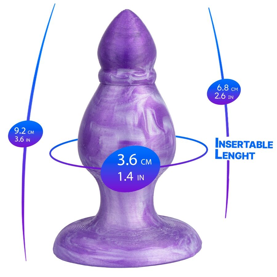 Plug anal roxo marmoreado com dimensões e texto informativo