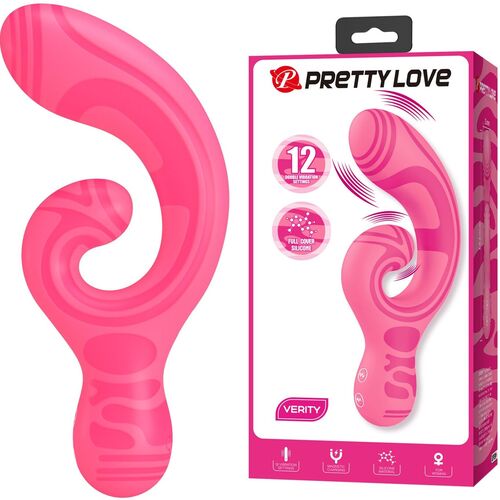 Vibrador rosa em silicone com padrão espiral e embalagem com texto PRETTY LOVE