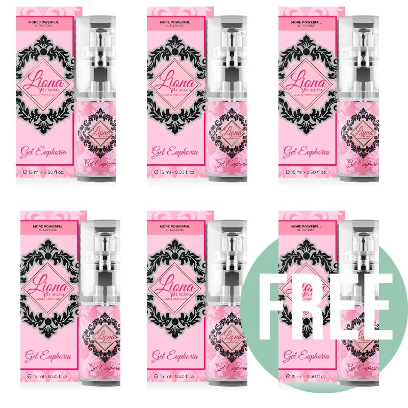 Seis frascos cor-de-rosa do Gel Euphoria Liona by Moma com embalagens e tampas transparentes