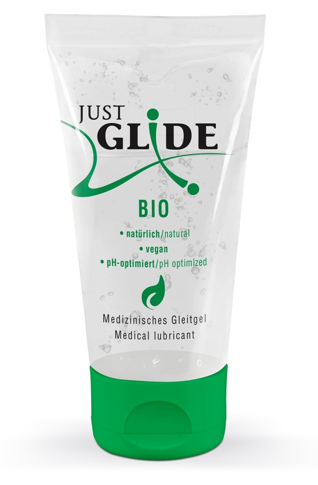 Frasco transparente de lubrificante médico Just Glide BIO com tampa verde