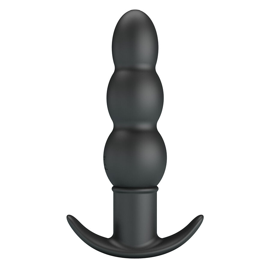Plug anal preto de silicone com três esferas e base curva