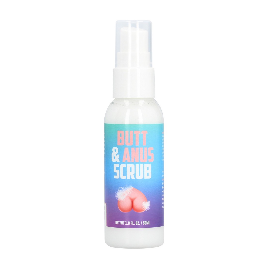 Frasco branco com rótulo azul e roxo de esfoliante BUTT & ANUS SCRUB