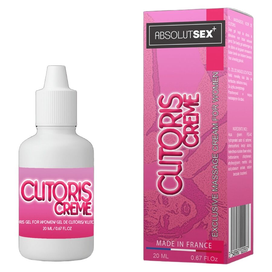 Frasco e caixa de creme rosa para clitóris da marca Absolutsex