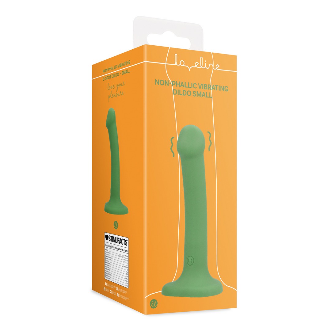Caixa laranja com ilustração de dildo vibratório não fálico pequeno verde