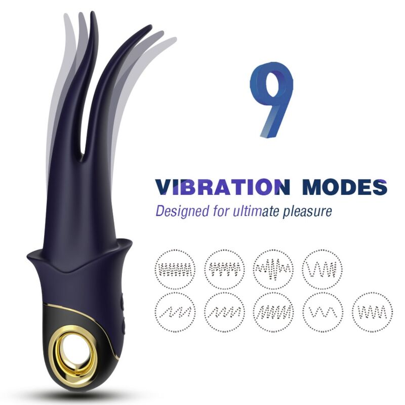 Vibrador preto com múltiplos tentáculos e texto sobre modos de vibração