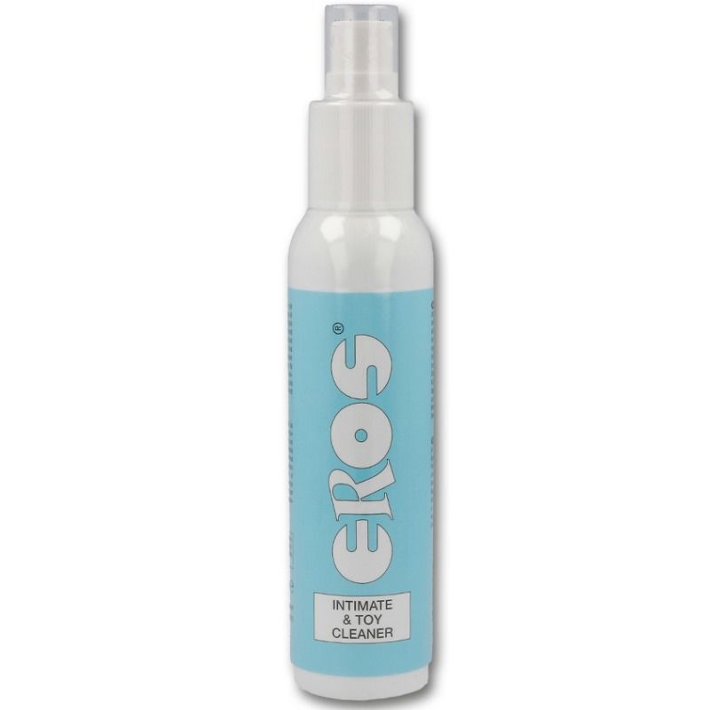 Frasco branco com tampa transparente e rótulo azul EROS INTIMATE & TOY CLEANER