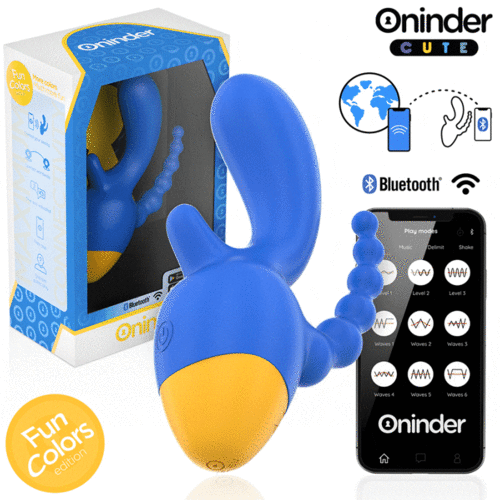 Produto vibratório azul e amarelo com controlo via app móvel e conectividade Bluetooth