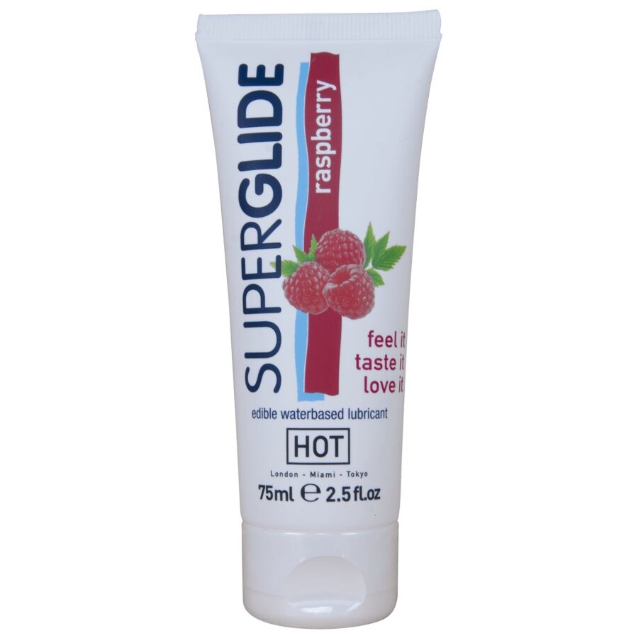 Frasco branco de lubrificante comestível sabor framboesa SUPERGLIDE 75ml