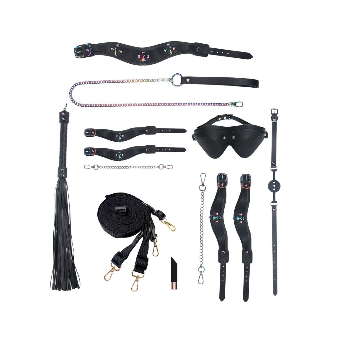 Conjunto de acessórios BDSM em couro preto com detalhes metálicos coloridos
