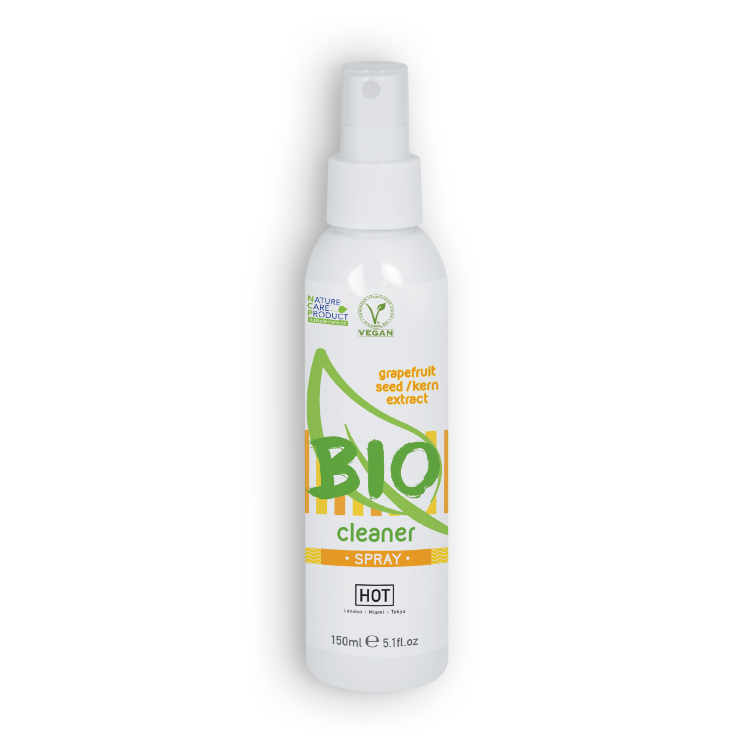 Frasco branco de spray de limpeza com rótulo BIO Cleaner e selo VEGAN.