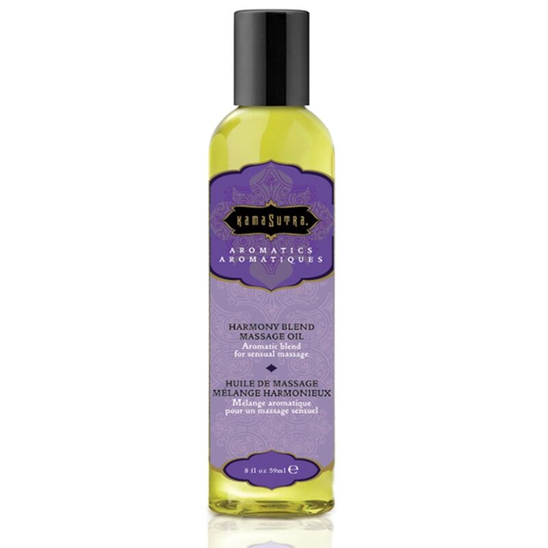 frasco de óleo de massagem com rótulo roxo e tampa preta