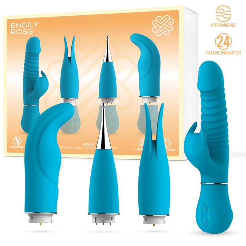 Conjunto de vibradores intercambiáveis em silicone azul e aço inoxidável com embalagem