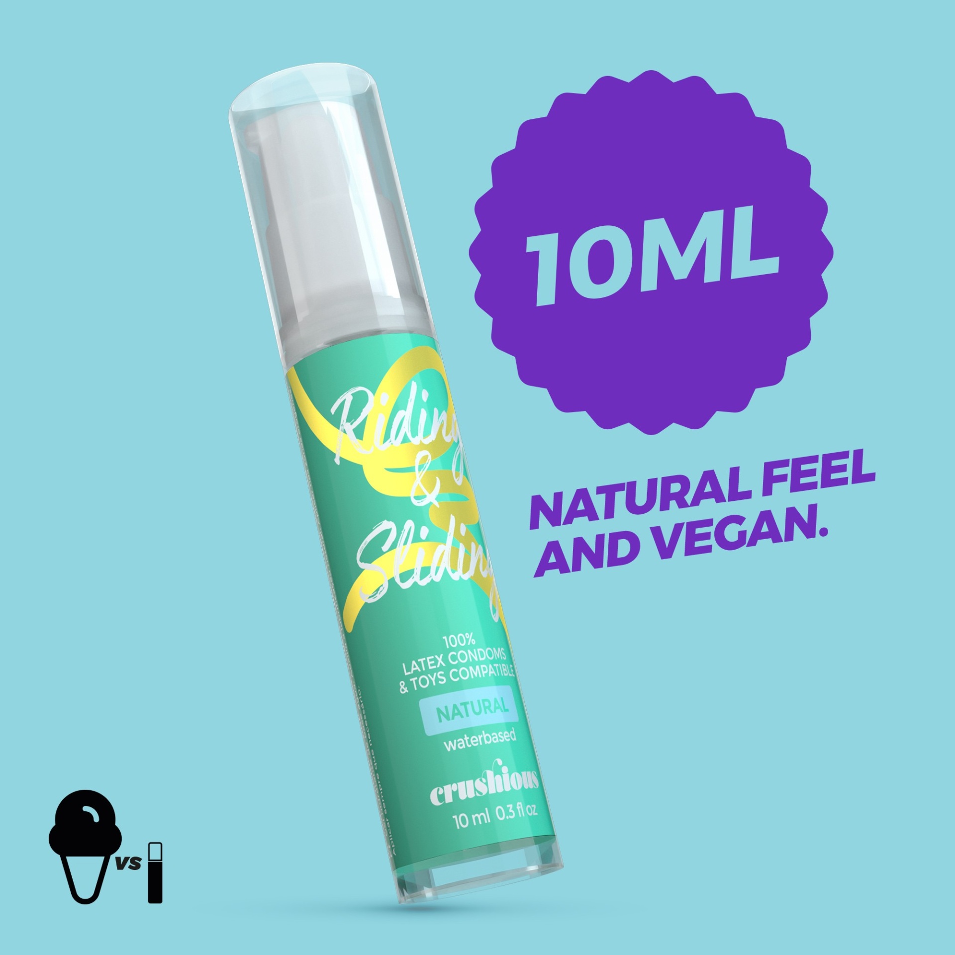 Frasco de produto com etiqueta verde e texto branco e selo roxo 10ML