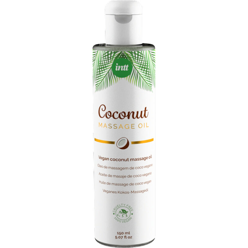 Frasco de óleo de massagem de coco vegan branco com tampa branca e rótulo com folhas verdes