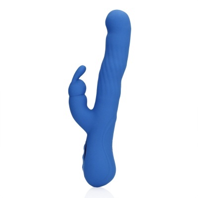 Vibrador azul de silicone com formato anatómico e texturas
