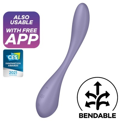 Dispositivo lilás curvado com textos e ícones de uso com app e flexibilidade