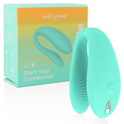 Produto sexual We-Vibe em silicone turquesa com embalagem colorida