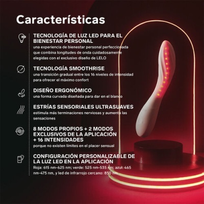Dispositivo pessoal branco ergonómico com luzes LED vermelhas num suporte iluminado