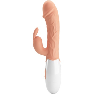 Vibrador cor de pele com estimulador e base branca