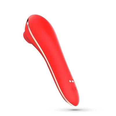 Dispositivo vermelho curvado com detalhes dourados e botões brancos