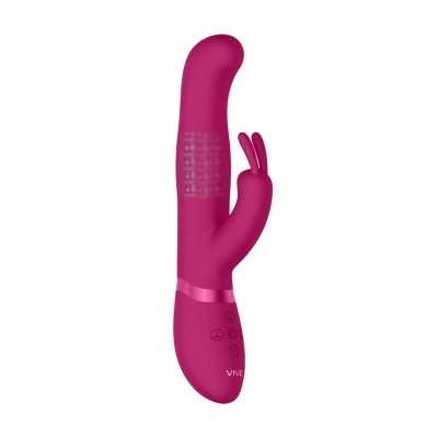 Vibrador cor-de-rosa com textura e orelhas tipo coelho, botões e texto VIVE
