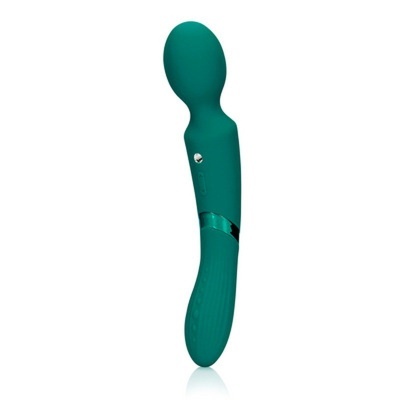 Vibrador massageador verde escuro com botão prateado e base texturizada