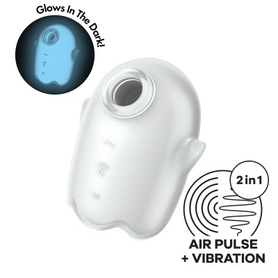 Dispositivo branco em formato de fantasma com orifício circular e texto em inglês sobre funcionalidades